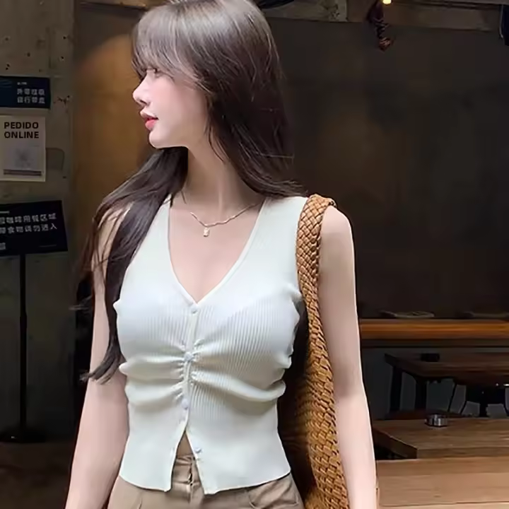 Chaqueta De Punto Sin Mangas Para Mujer Estilo Coreano Color Sólido Verano Moda Chic V-cuello Corte Fino Camisola - 1