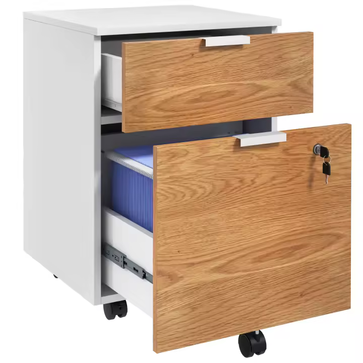 HOMCOM Cajonera de Oficina Mueble Archivador con 4 Ruedas 2 Cajones 2 Barras Colgantes Cerradura y 2 Llaves para Tamaño A4 Carta para Estudio Salón 42x40x60 cm Blanco y Natural - 1