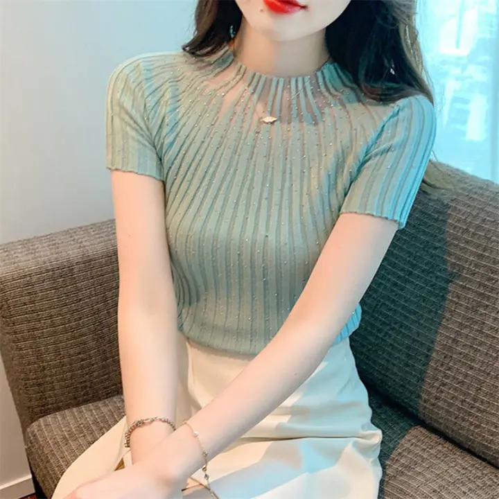 Top De Punto Ajustado Para Mujer Con Cuello Medio Y Manga Corta Estilo Casual Decorado Con Diamantes Camiseta De Polyester - 1