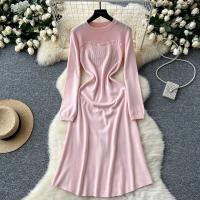 Vestido Rosa Francés De Estilo Simple Para Damas Con Cuello En V Manga Larga Sólido Suave Ajustado Casual De Otoño Vestido Largo De Hogar - details 0