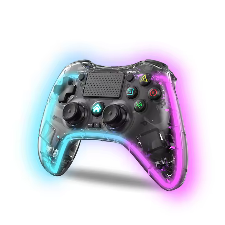 NK Mando para PS4 / PC / Android - Wireless Controller con Dualshock, 6 ejes, 2 botones MACRO, 7 Modos de Luz LED, Panel Táctil, Entrada para Auriculares, Cable de Carga incluido - Negro Transparente - 1