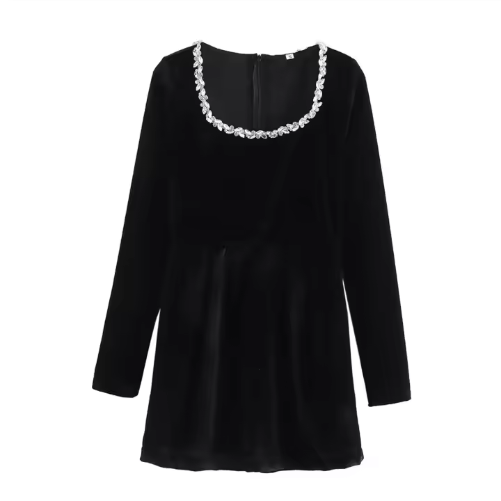 Vestido Negro Pequeño De Moda 2024 Para Mujer Con Cintura Francesa Y Detales De Perlas Vestido De Veludo Largo Manga Cerrada Casual - 1
