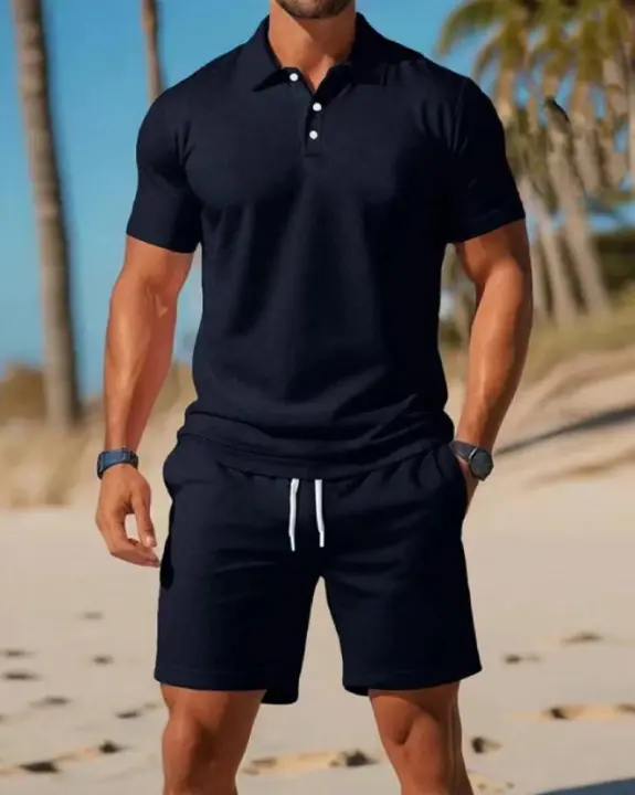 Men's summer casual set with a lightweight short-sleeved golf polo shirt and solid drawstring shorts with pockets - 1