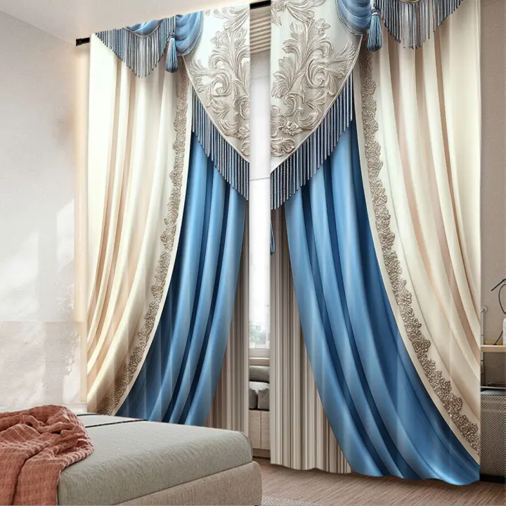 2Pcs Cortinas Vintage Con Patrón Blanco Y Azul Aesthetic Para Decoración De Dormitorio Sala De Estar Oficina Cortinas De Ventana Translúcidas De Poliéster 100% - 1