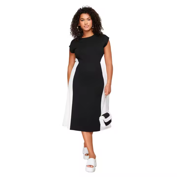 Trendyol Saks-Ecru Color Block Midi Crepe Knitted Plus Size Dress Tbbss24Ah00143 - 1