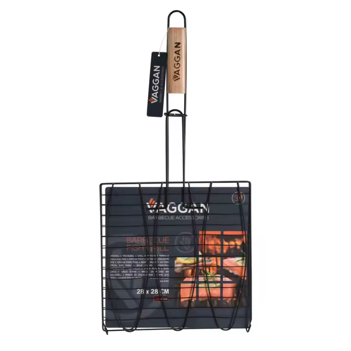 Parrilla de Acero de Alta Calidad con Mango de Madera para Fácil Manejo de 3 Pescados - 28x28 Cm - 1