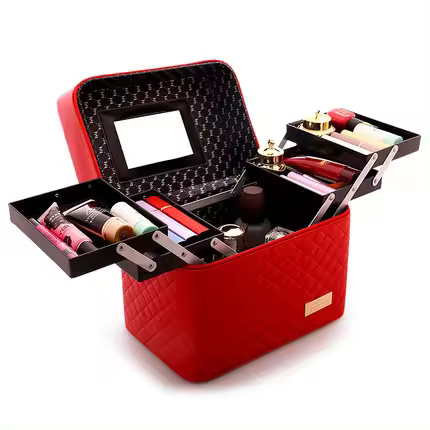 New Women Makeup Bag Waterproof PU Leather Large Capacity Multi-layer travel cosmetic bags Jewelry Storage Box With Mirror - 1