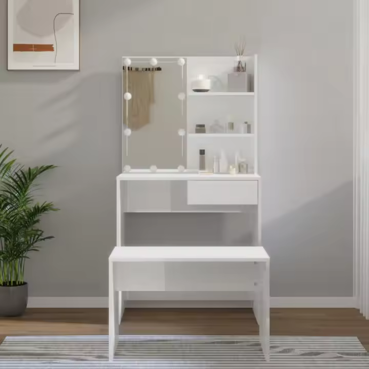 vidaXL Juego de tocador con LED madera contrachapada blanco brillante - 1