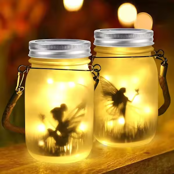 2 Pack Outdoor Solar Lights, Glass Jar Lights with Fairy Lights, Waterproof Hanging or Standing Solar Lights for Balcony (Warm White) - 1