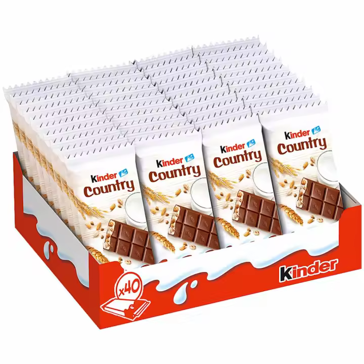 Kinder COUNTRY Nacional España Original caja de 40 unidades - Delicioso snack de chocolate con leche extrafino y relleno de leche y cereales. Contiene 40 unidades envueltas individualmente MUY RICOS - 1