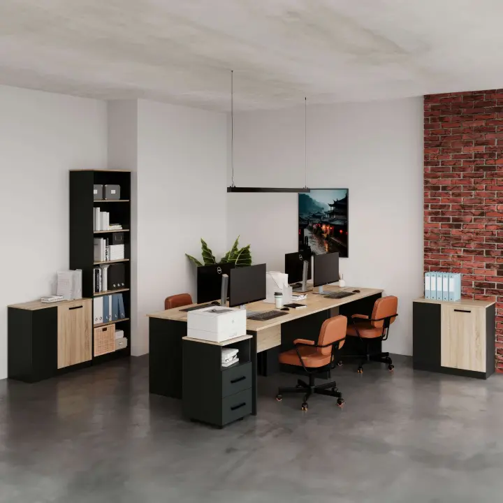 Pack de Muebles de Oficina en Color Roble Sonoma y Gris Antracita con Estantería 2 Armarios 4 Escritorios y Carrito con Ruedas - 1