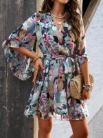 Vestido A-Line De Pierna Larga Para Mujer Con Estampado Floral Elegante Cuello V Manga Corta Estilo Casual Vestido De Verano Primavera - details 16