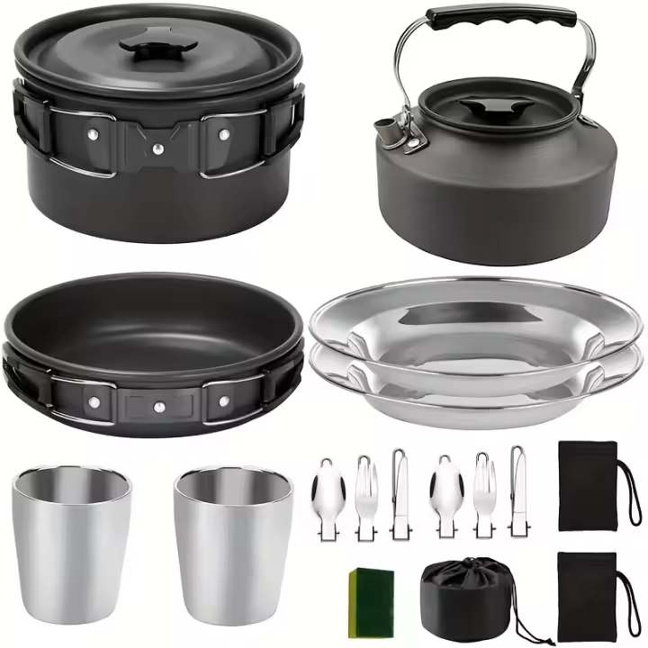 Kit de Cocina para Acampar BOPORO - 15pcs, Utensilios de Cocina Portátiles, Olla Sartén Hervidor para Camping - 1