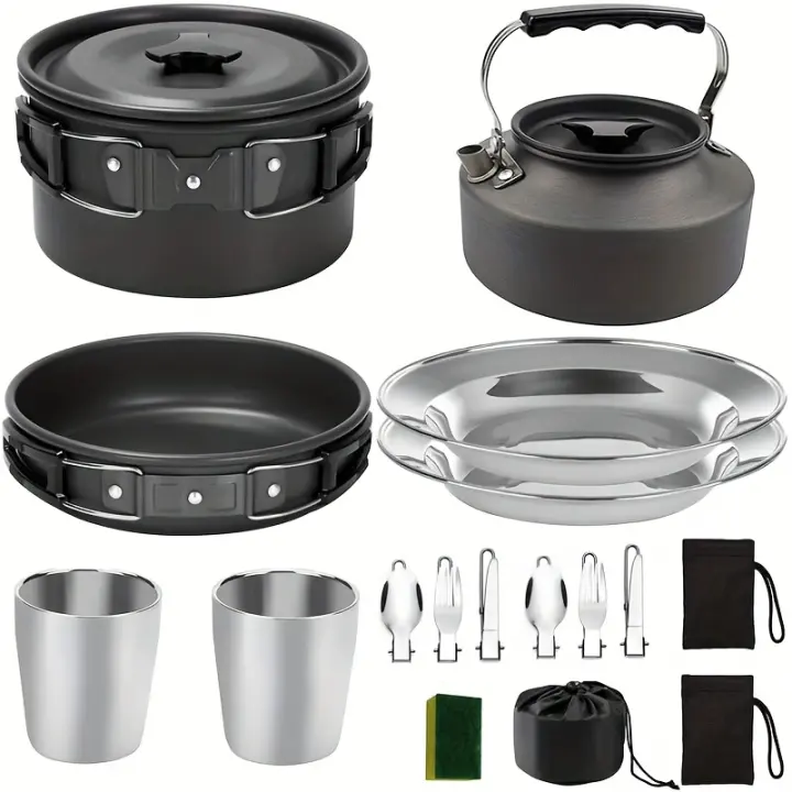 Kit de Cocina para Acampar BOPORO - 15pcs, Utensilios de Cocina Portátiles, Olla Sartén Hervidor para Camping - 1