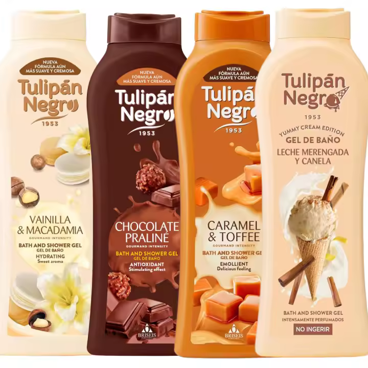 Pack de 4 geles de ducha tulipán negro: vainilla, chocolate, caramelo y canela. increíble aroma, hidratación para la piel, ideal para regalo. producto fabricado por briseis en españa pack de 4 geles de ducha tulipán negro - 1