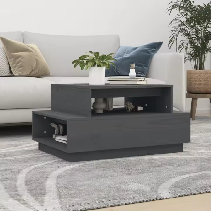 vidaXL Mesa de centro madera maciza de pino gris 80x55x40,5 cm - 1