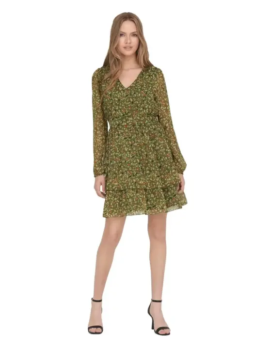 Vestido Verde Manga Larga Cuello Pico Only Adele - 1