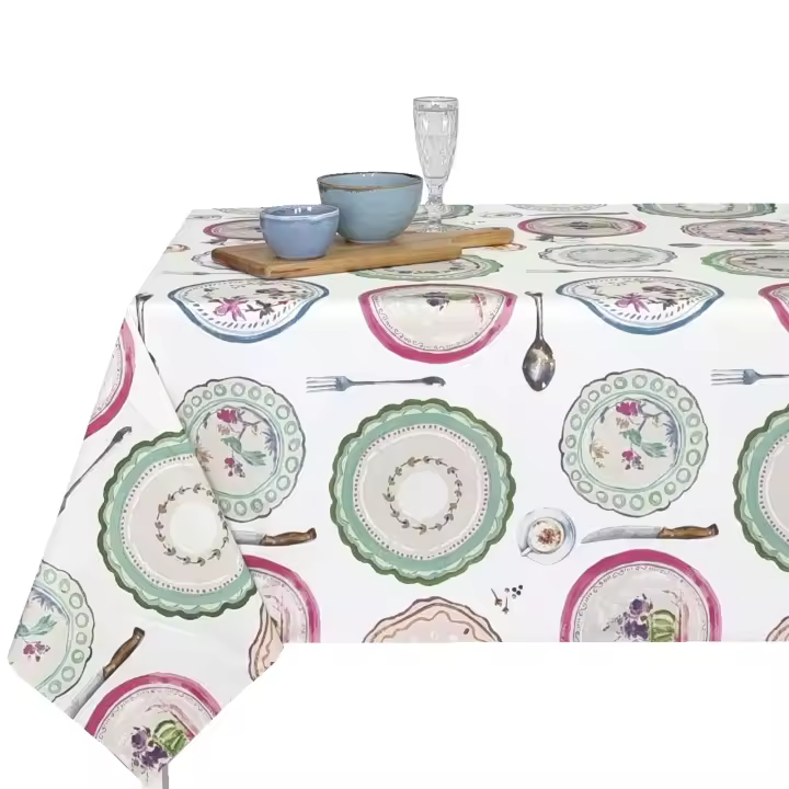 Mantel antimancha digital, Mantel lavable, Impermeable, Tela algodón, Para mesa rectangular, Ideal para hogar,  Estilo moderno,flor,cooking,platos,Fondo blanca marfil, multicolor, Ancho 137cm，DM145 - 1