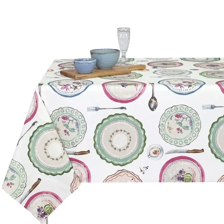 Mantel antimancha digital, Mantel lavable, Impermeable, Tela algodón, Para mesa rectangular, Ideal para hogar,  Estilo moderno,flor,cooking,platos,Fondo blanca marfil, multicolor, Ancho 137cm，DM145 - 1