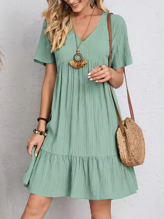 Vestido Bohemio Elegante Para Mujer Verano Casual Suelto Mini Vestido Con Volantes Y Cuello En V Vestido De Playa Chic Para Fiesta - 1