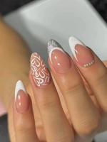 24pcs Uñas Postizas Largas Almendra Blancas Estilo Francés Detalladas Tiras Adhesivas De Uñas Postizas ABS Para Fiesta - details 14