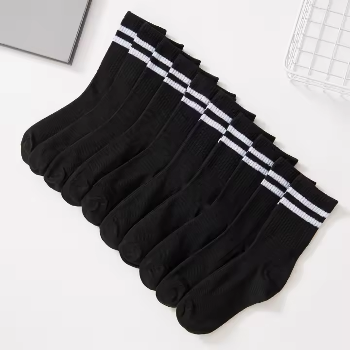 Juego De 10 Pares De Calcetines De Media Alta En Color Sólido Negro Blanco Absorbentes De Sudor Moda Para Mujer Calcetines Casuales De Poliéster - 1