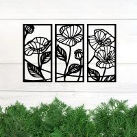 Decoración De Pared Minimalista Elegante En Negro Con Arte De Hierro Metálico 3 Panel Línea De Flor Moderna 3D Hueco Para Sala De Estar - details 0