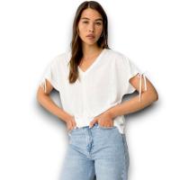 Camiseta Pepita Blanca Tiffosi Mujer | Cuello V Lazada Manga Corta | Básica Viscosa Poliéster - details 4