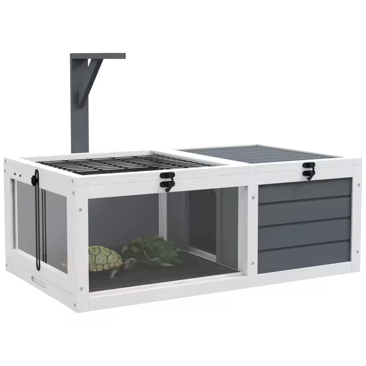 PawHut Jaula para tortugas para animales pequeños con 2 espacios, portalámparas y 2 bandejas deslizantes, 81 x 48 x 31,5 cm, madera maciza gris - 1
