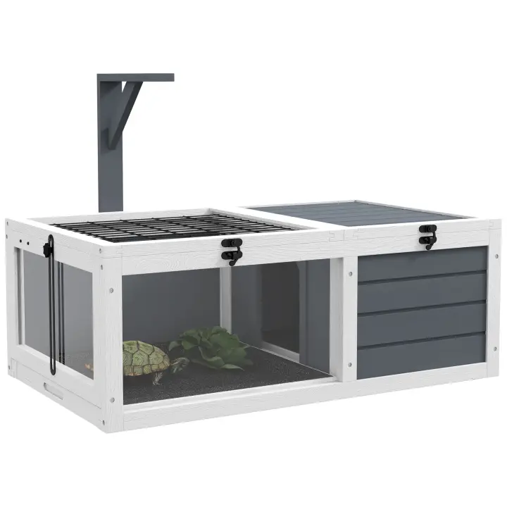 PawHut Jaula para tortugas para animales pequeños con 2 espacios, portalámparas y 2 bandejas deslizantes, 81 x 48 x 31,5 cm, madera maciza gris - 1