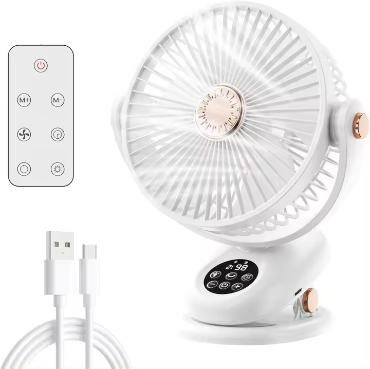 Ventilador de Clip Recargable USB Portátil con Mando a Distancia, Pantalla LED, 5 Velocidades Silencioso, 4 Temporizador， Adecuado para Oficina, Dormitorio, Coche, Camping - 1