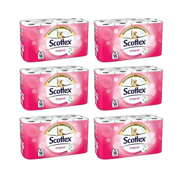 Scottex Original Papel Higiénico 16 Rollos - Incluye 6 packs de 16 rollos - Total 96 rollos - 1