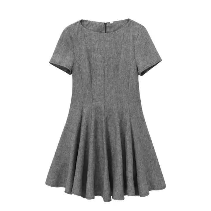 Gray Wide Swing Short Dress For Women O Neck Short Sleeve Pleated Mini Dress Female Autumn Casual Vestidos - 1