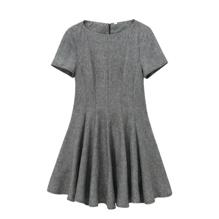 Gray Wide Swing Short Dress For Women O Neck Short Sleeve Pleated Mini Dress Female Autumn Casual Vestidos - 1