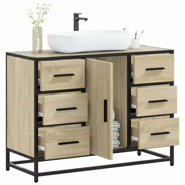 vidaXL Armario lavabo baño madera ingeniería roble marrón 80x33x60 cm en color Marrón roble/Roble ahumado/Gris sonoma y más | almacenamiento funcional diseño moderno para baño dormitorio sala - 1