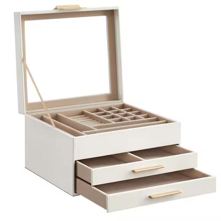 SONGMICS Caja de Joyas, Caja Joyero de 3 Niveles, Estuche de Joyería, Tapa de Cristal, con 2 Cajones, Gran Capacidad, Estilo Moderno, Idea de Regalo, Azul Ahumado y Dorado/Blanco Nube/Gris Interestelar/Gris Interestelar y Dorado/Negro Grafito/Verde Aguaca - 1