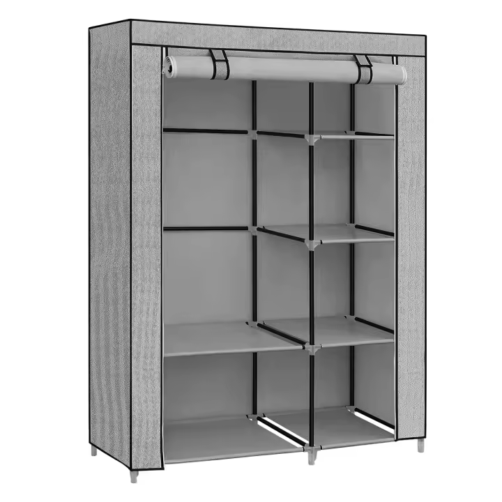 SONGMICS Armario de Tela, Armario de Ropa, con 1 Barra Colgante, 6 Estantes, Tela no Tejida, Marco de Metal, 45 x 105 x 168 cm, para Dormitorio, Pasillo, Negro/Gris/Gris con Diseño de Espiga - 1