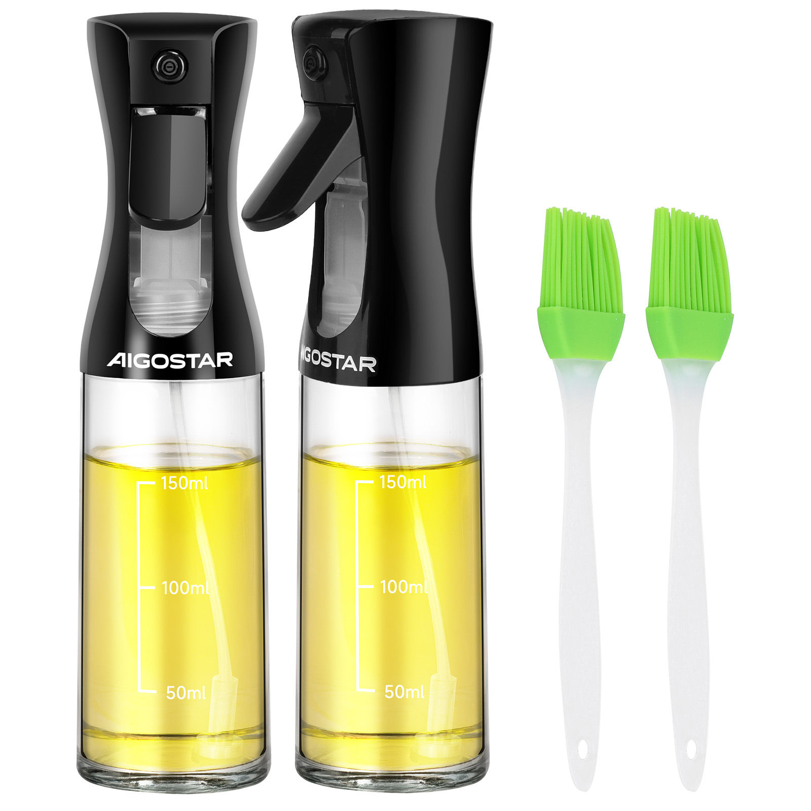 AIGOSTAR 2 Piezas Pulverizadores de Aceite para Cocinar de 200ml + 2 Pincel de Silicona , Spray de Cocina libre BPA (2 SPRAYS)