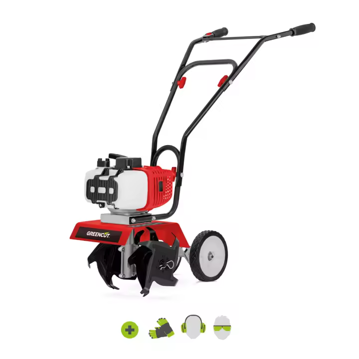 GREENCUT GTC130X - Motoazada Gasolina 65cc 3.7CV 2T, Ancho 30 cm, Profundidad 15 cm, 4 Fresas Intercambiables, Ideal para Huerto y Jardín - 1