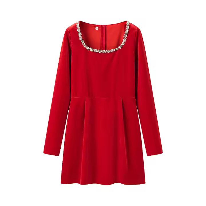 Elegante Vestido Mini de Cuidado con Cuentas Cuello Cuadrado, Larga Manga, A-Línea Adelgazante - 1