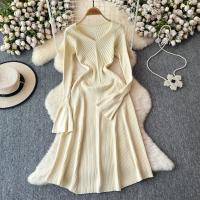 Vestido Largo Elegante Para Mujer Con Mangas Flared Y Volantes Cuello V Solido Bodycon Para Fiesta Y Oficina Polyester Mid-Calf - details 16
