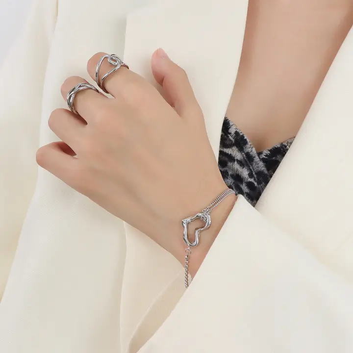 Encanto Pulsera de acero inoxidable para mujer, cadena de bola de acero de doble capa con corazón hueco, joyería para fiesta, amigos, los mejores regalos, pulsera de acero inoxidable de Color dorado para mujer, joyería étnica Cultural - 1