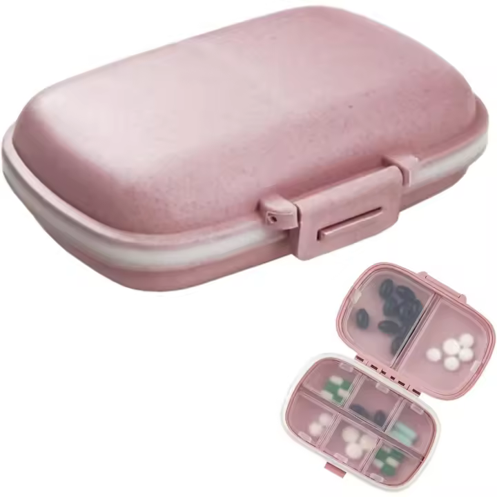 Paquete de 1 organizador de píldoras de viaje, 8 compartimentos, caja de píldoras portátil para monedero de bolsillo, contenedor de vitaminas para medicina portátil, color rosa - 1