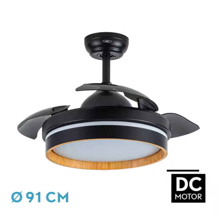 FABRILAMP Ventilador Dc Nalon 48w Negro/madera oscura 3aspas 91d 4800lm 3000-4500-6000k Remoto+memoria+temporizador. Incluye mando a distancia y dos tijas de 10 y 25 centímetro Productos originales calidad de confianza - 1