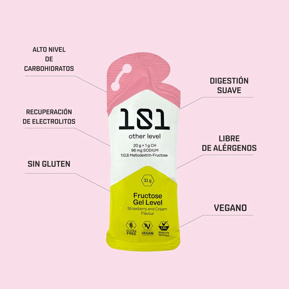 101 OTHER LEVEL CAJA 24 FRUCTOSE GEL LEVEL 31 GRAMOS - 21G CHO + 96MG SODIO + 41MG CAFEÍNA