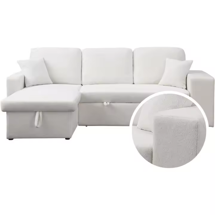 Sofá rinconera tela bouclette convertible/reversible "Axel"  - 3 plazas - Blanco - 1