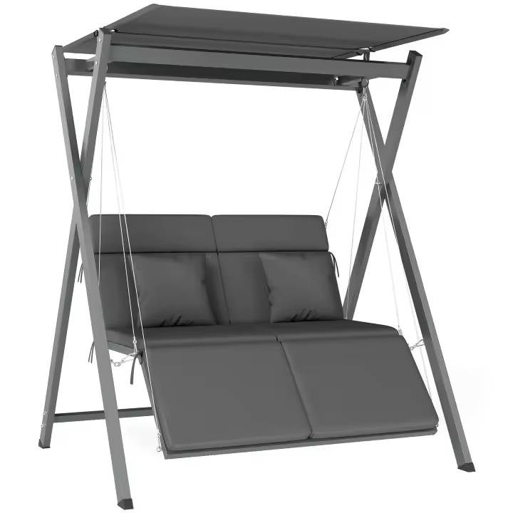 Outsunny Columpio de Jardín Exterior de 2 Plazas Balancín de Jardín Exterior Convertible en Cama con Toldo Ajustable Protección UV30+ y Cojines Carga 220 kg 142x130x168 cm Gris Oscuro - 1