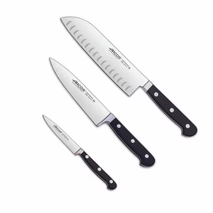 Arcos Serie Clasica - Set de Cuchillos de Cocina 3 piezas (Mondador + Cocina + Santoku) - Hoja de Acero Inoxidable Forjado NITRUM - Mango de Polioximetileno (POM) Color Negro - 1