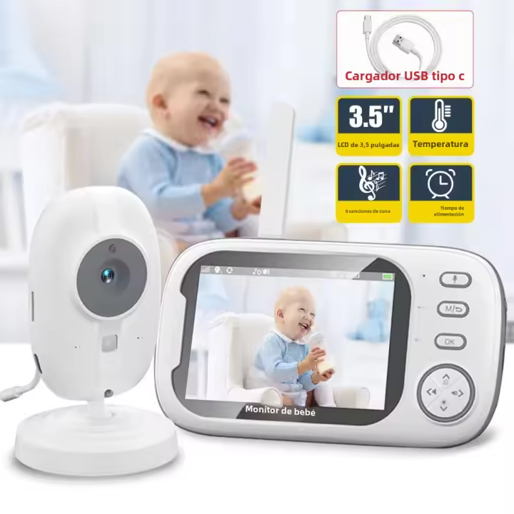 Monitor De Bebé Con Video 3.5'' 2.4G Audio Bidireccional Visión Nocturna Cámara De Seguridad Temperatura LCD Portátil Recargable - 1