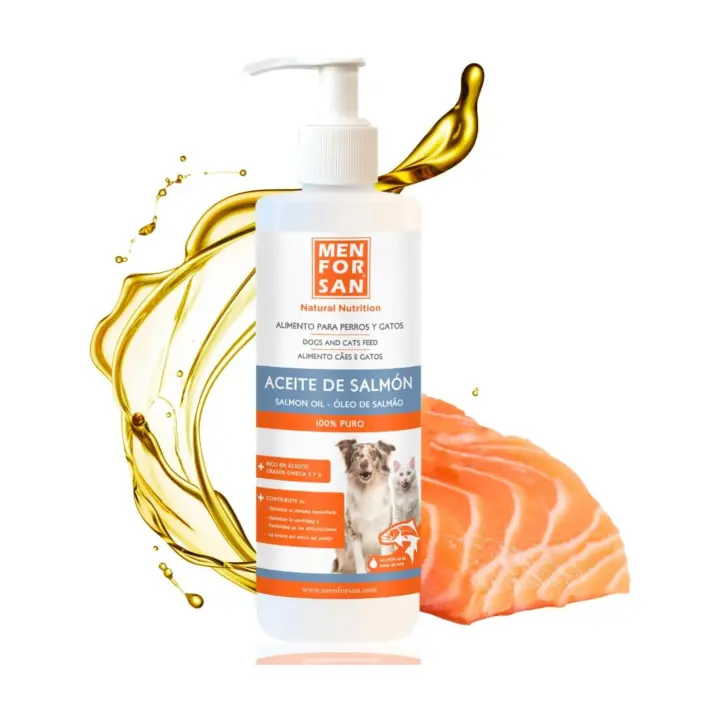 Menforsan Aceite de salmon para perros y gatos 500ml - Fuente de omega 3 y Omega  6 - Mejora  la movilidad y la elasticidad  - Reduce problemas de piel - 1